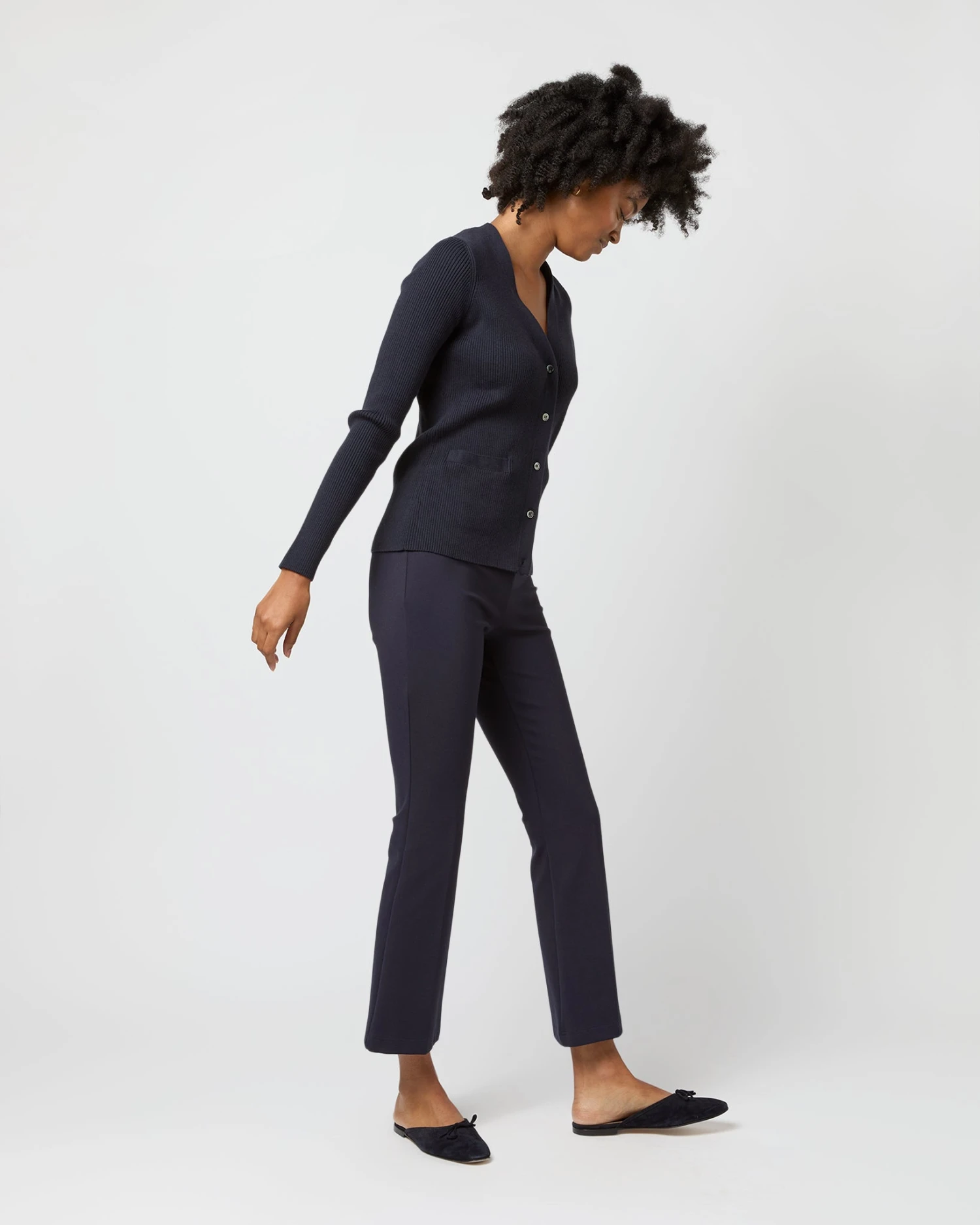 Nia Long-Sleeved Ribbed Cardigan In Navy Cotton/Silk 5 Nia Long-Sleeved Ribbed Cardigan In Navy Cotton/Silk - Image 5