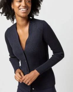 Nia Long-Sleeved Ribbed Cardigan In Navy Cotton/Silk 9 Nia Long-Sleeved Ribbed Cardigan In Navy Cotton/Silk -HERNO || ULLA JOHNSON || A.P.C. Shop S71894 1923