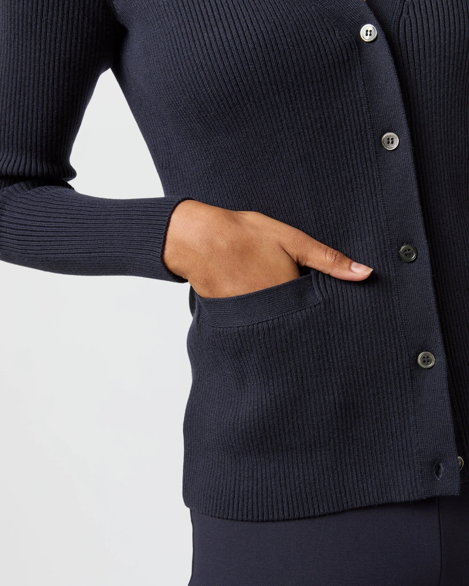 Nia Long-Sleeved Ribbed Cardigan In Navy Cotton/Silk 6 Nia Long-Sleeved Ribbed Cardigan In Navy Cotton/Silk - Image 6