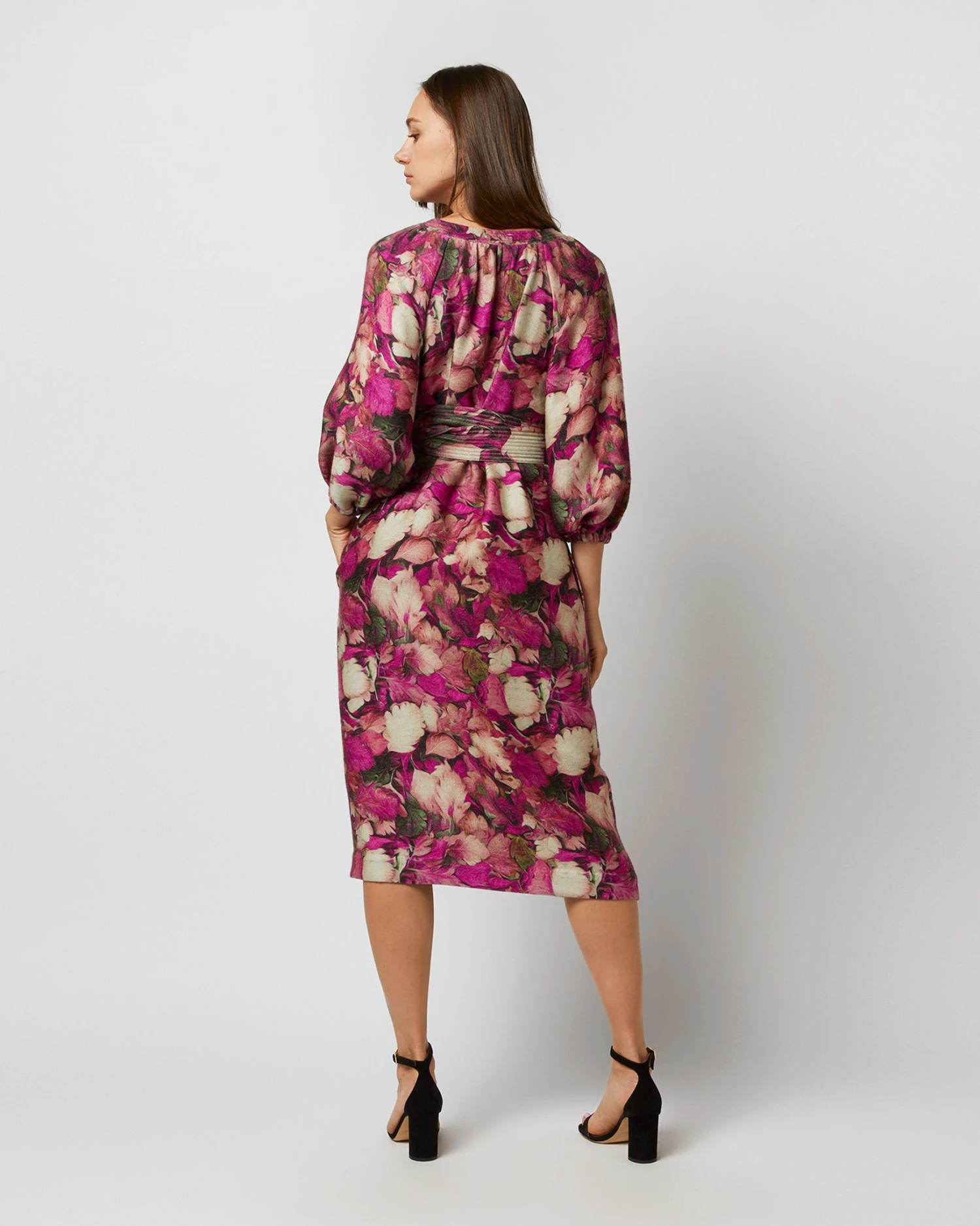 Trapunto Blouson-Sleeve Dress In Berry/Multi Winter Garden Venetian 4 Trapunto Blouson-Sleeve Dress In Berry/Multi Winter Garden Venetian - Image 4