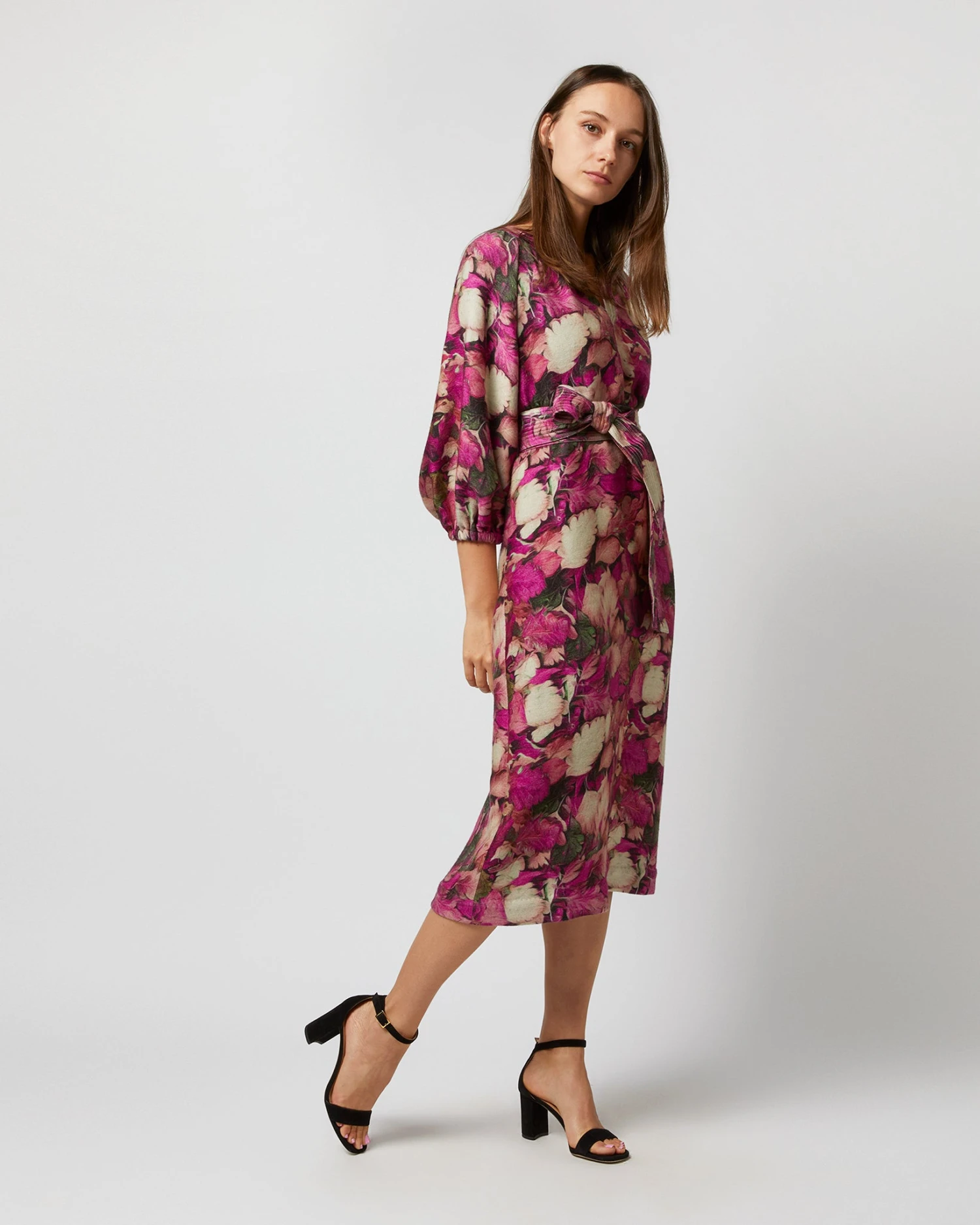 Trapunto Blouson-Sleeve Dress In Berry/Multi Winter Garden Venetian 3 Trapunto Blouson-Sleeve Dress In Berry/Multi Winter Garden Venetian - Image 3