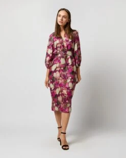 Trapunto Blouson-Sleeve Dress In Berry/Multi Winter Garden Venetian