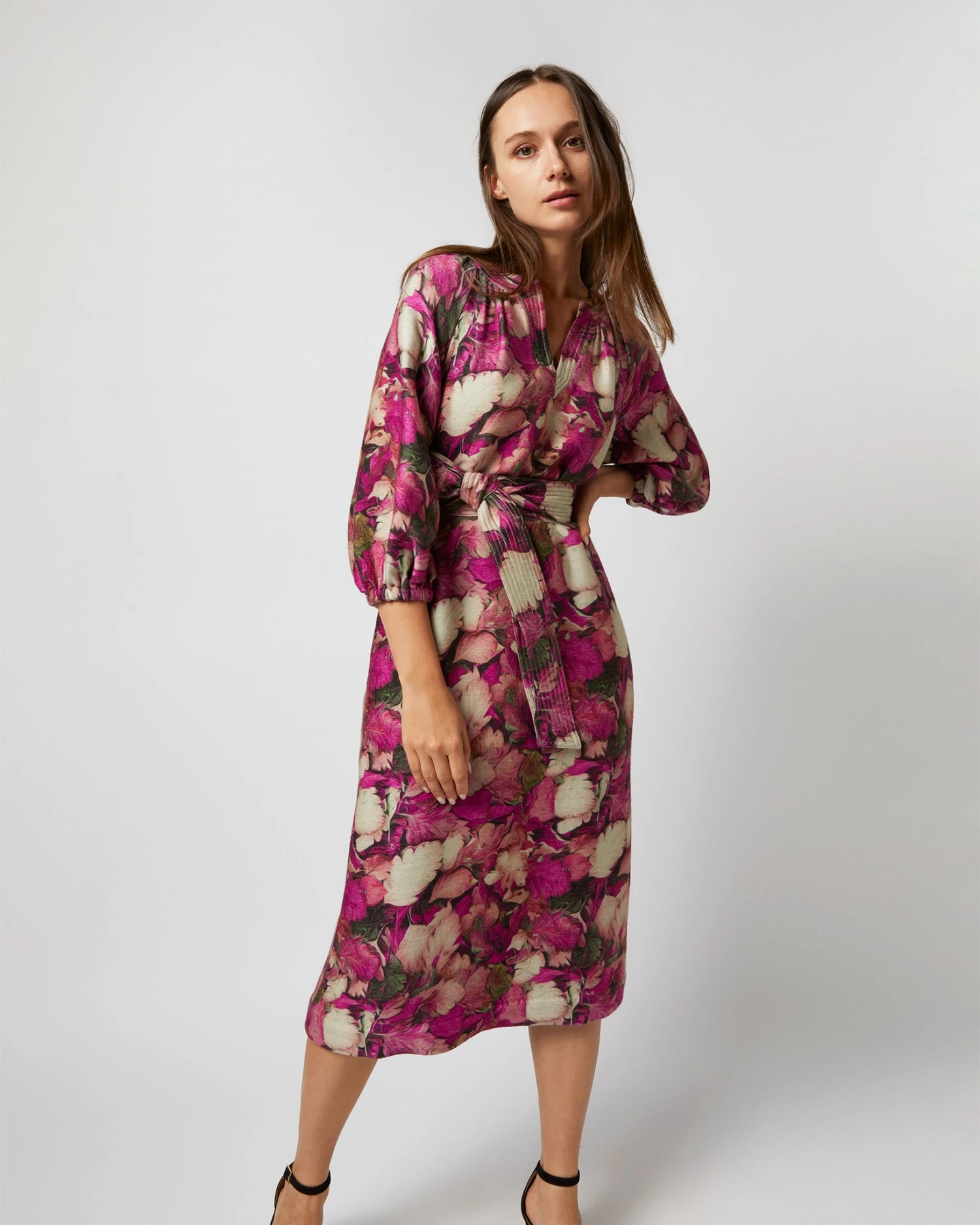 Trapunto Blouson-Sleeve Dress In Berry/Multi Winter Garden Venetian 6 Trapunto Blouson-Sleeve Dress In Berry/Multi Winter Garden Venetian - Image 6