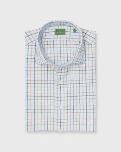 Spread Collar Sport Shirt In Sky/Orange/Olive Tattersall Brushed Twill