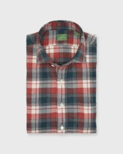 Spread Collar Sport Shirt In Green/Red/Bone Plaid Flannel