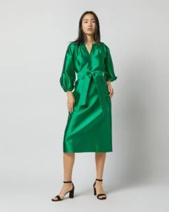 Trapunto Blouson Dress In Emerald Silk/Wool