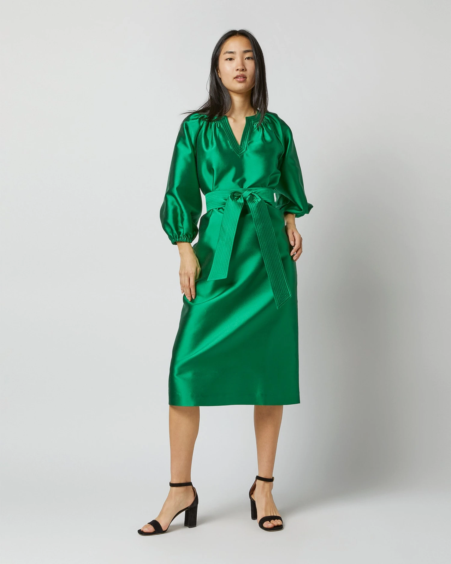 Trapunto Blouson Dress In Emerald Silk/Wool 1 Trapunto Blouson Dress In Emerald Silk/Wool