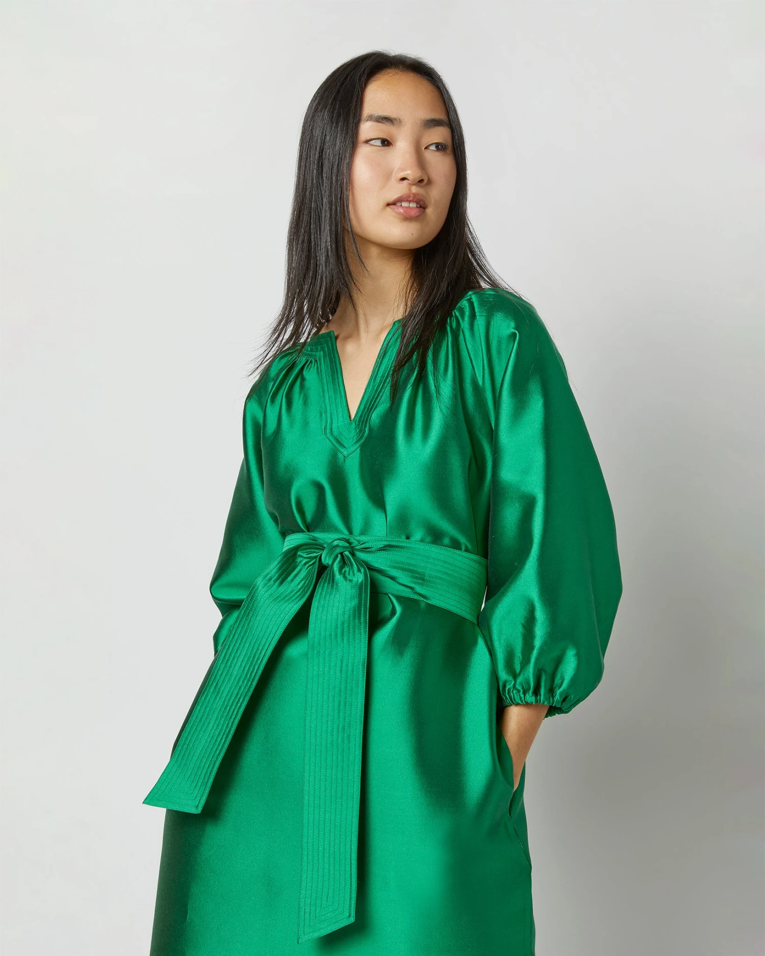Trapunto Blouson Dress In Emerald Silk/Wool 2 Trapunto Blouson Dress In Emerald Silk/Wool - Image 2