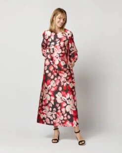 Long-Sleeved Paige Maxi Dress In Pink/Black Painterly Floral Mikado