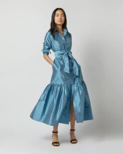 Manon Dress In Steel Blue Silk Shantung