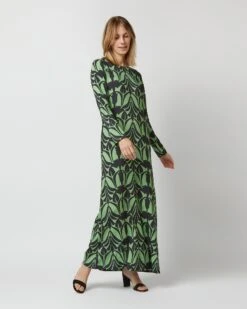 Long Sleeve Swing Dress In Papyrus Green Sablé