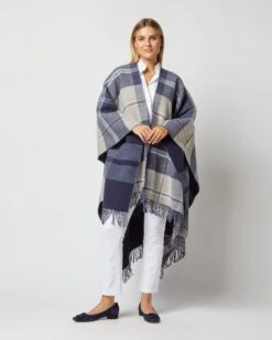 Reversible Lambswool Cape In Blue/Cream Windowpane