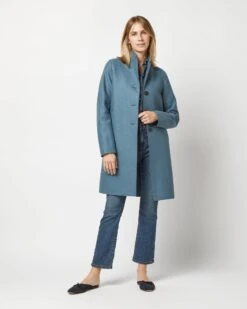 Button Up Boxy Coat In Steel Blue