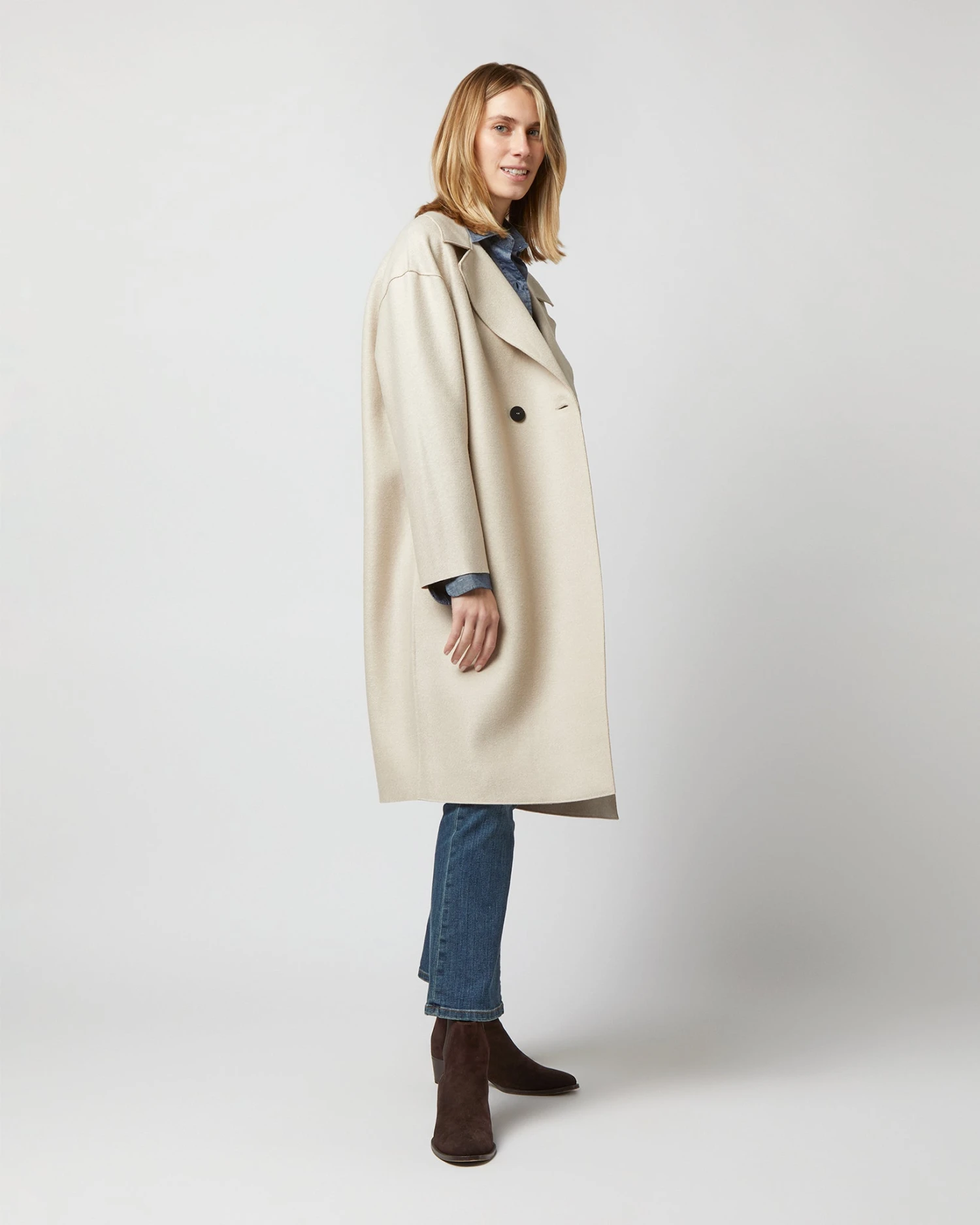 Dropped Shoulder Double Breasted Coat In Almond 2 Dropped Shoulder Double Breasted Coat In Almond - Image 2