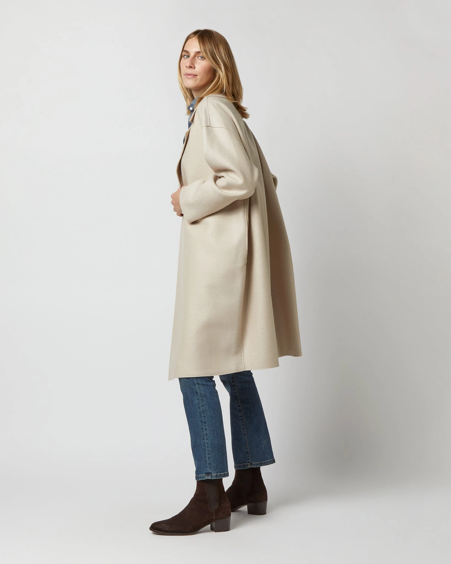 Dropped Shoulder Double Breasted Coat In Almond 4 Dropped Shoulder Double Breasted Coat In Almond - Image 4