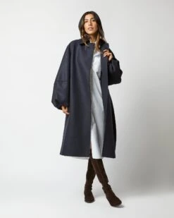 Puff Sleeves Coat In Navy Blue