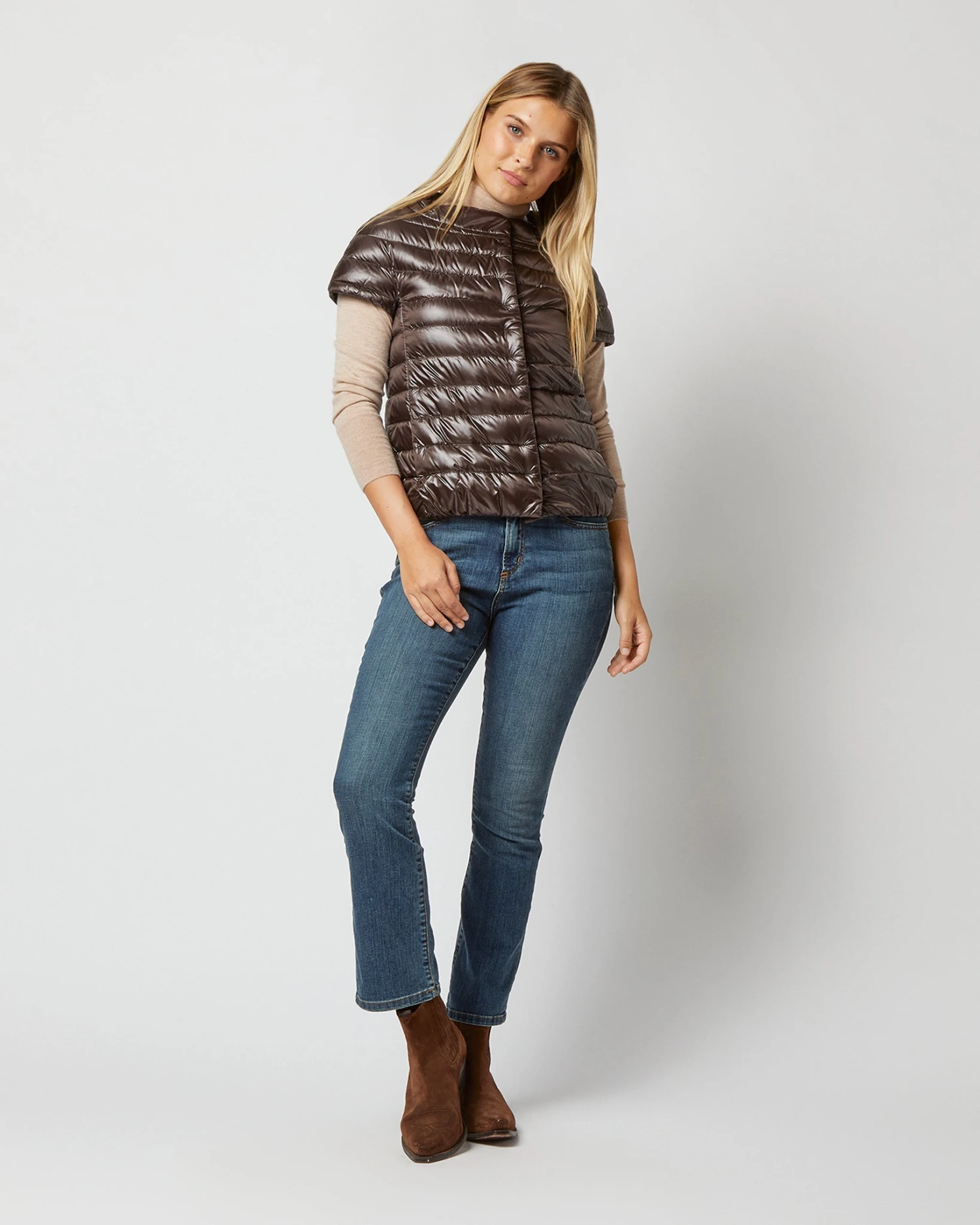 HERNO Emilia Cap-Sleeve Jacket In Dark Brown 1 HERNO Emilia Cap-Sleeve Jacket In Dark Brown