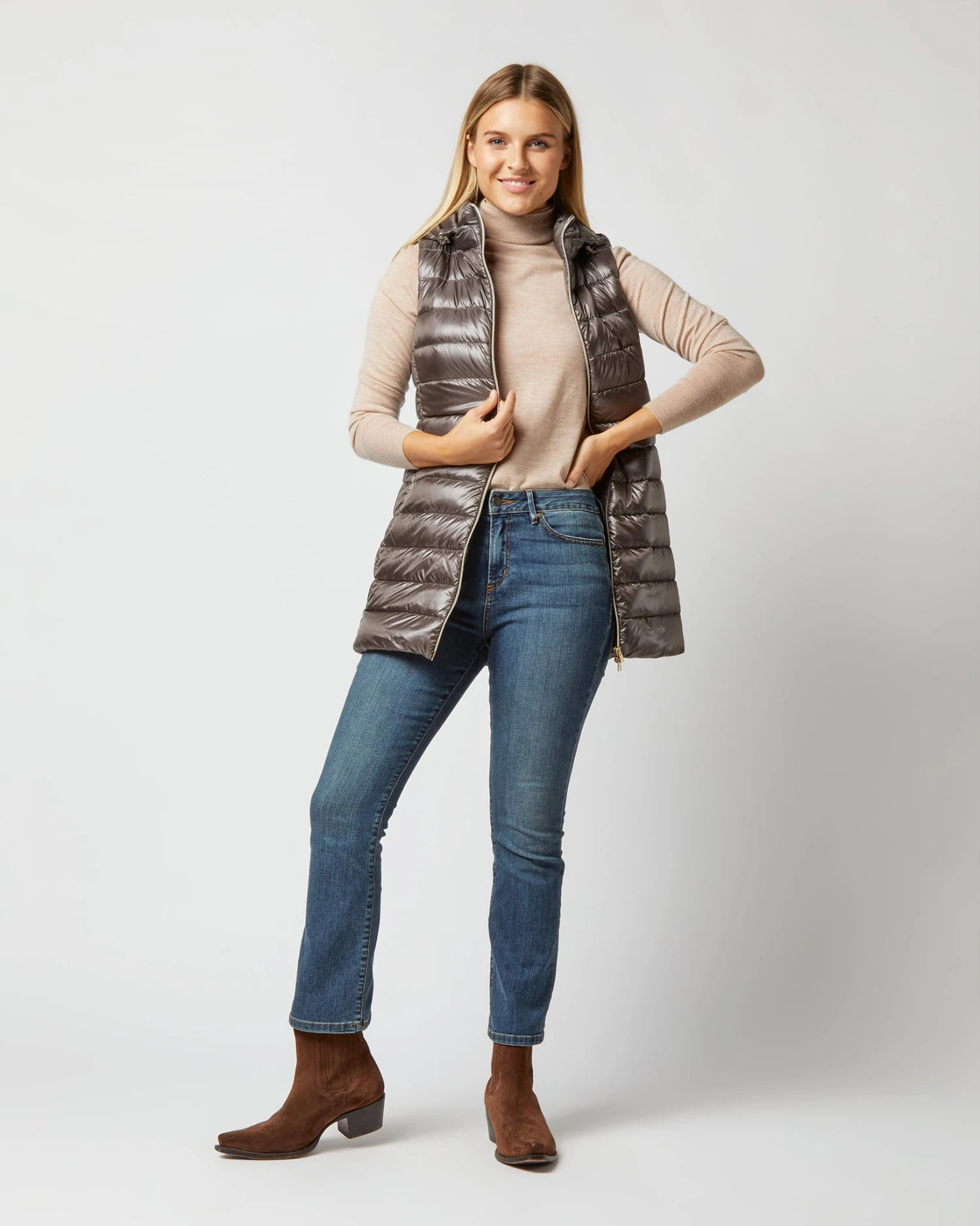 HERNO Serena Fitted Long Vest In Charcoal 1 HERNO Serena Fitted Long Vest In Charcoal